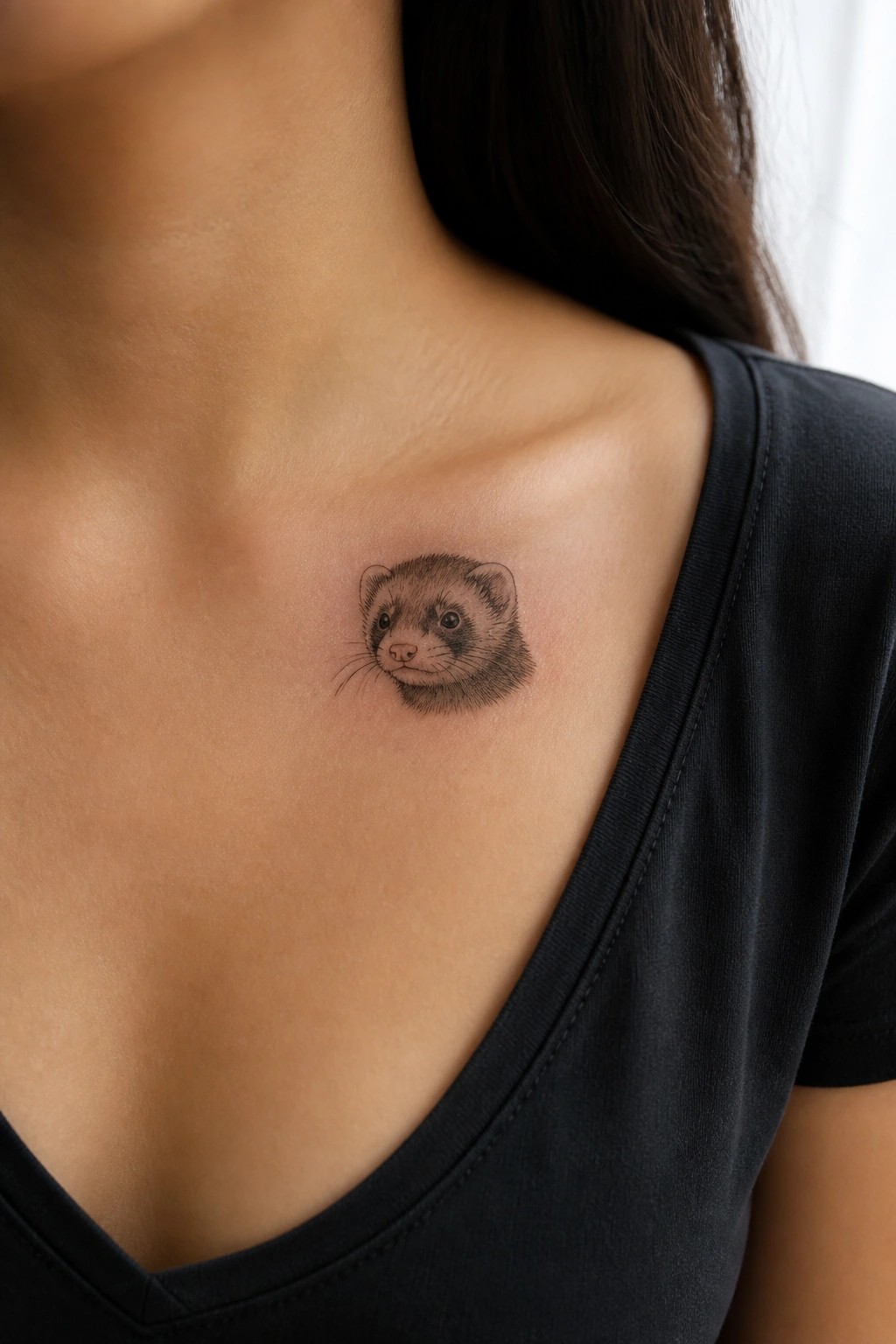 Small ferret tattoo on upper chest above black V-neck shirt