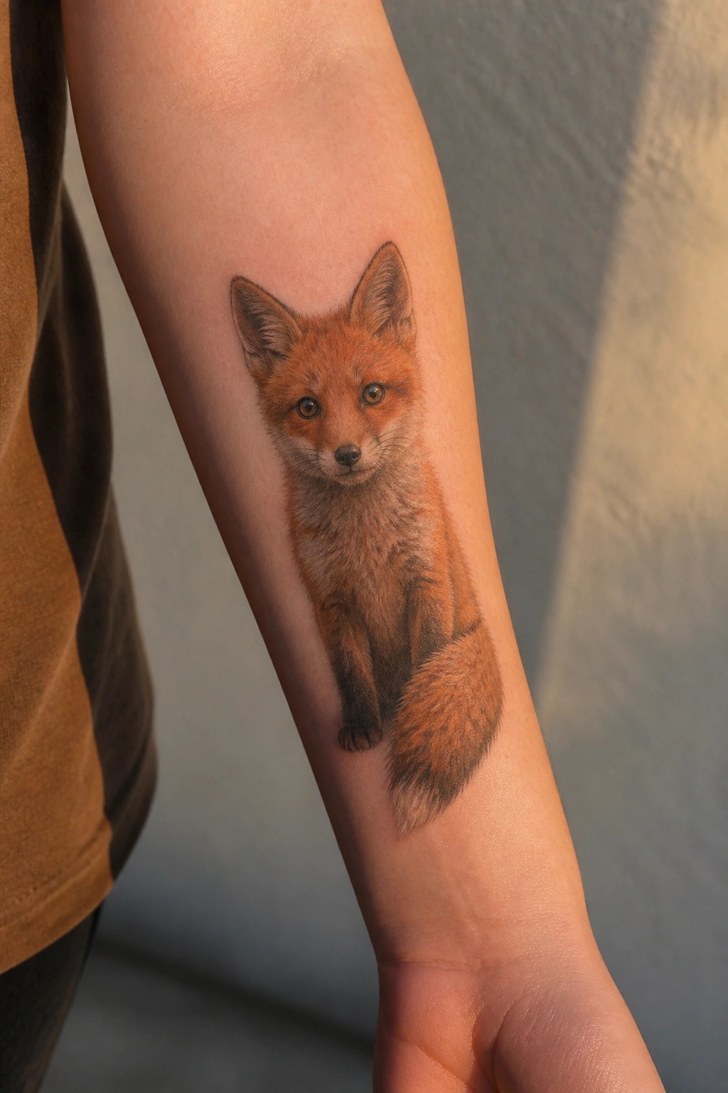 Realistic fox tattoo on the inner forearm in a sitting pose with detailed orange fur.