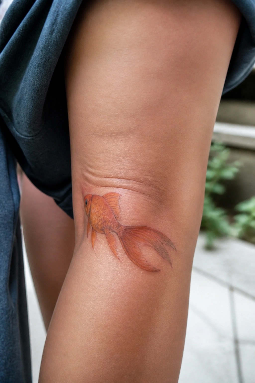 Realistic orange goldfish tattoo on the inner forearm showing fine shading and natural placement along the skin