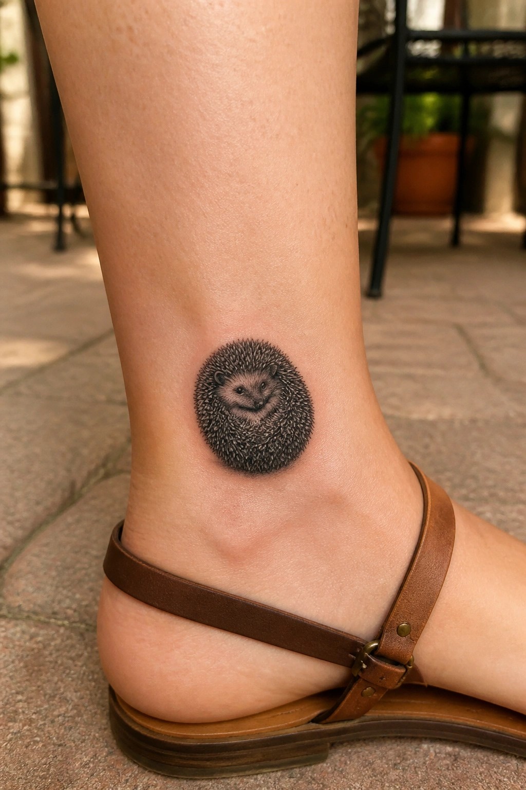 Realistic hedgehog tattoo on the ankle showing fine spines and shading in a small circular design