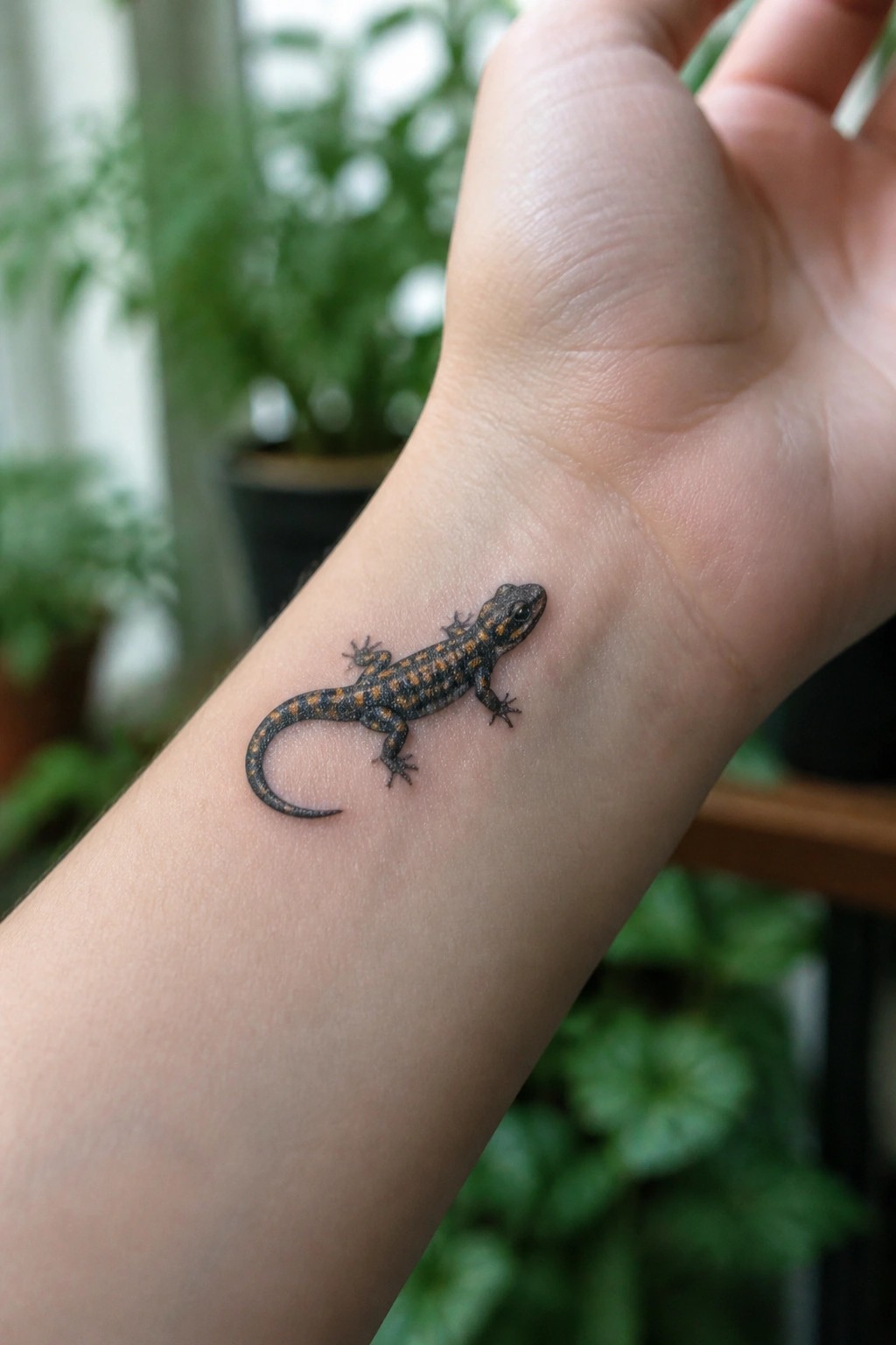 Realistic black lizard with orange spots tattooed on a person's wrist