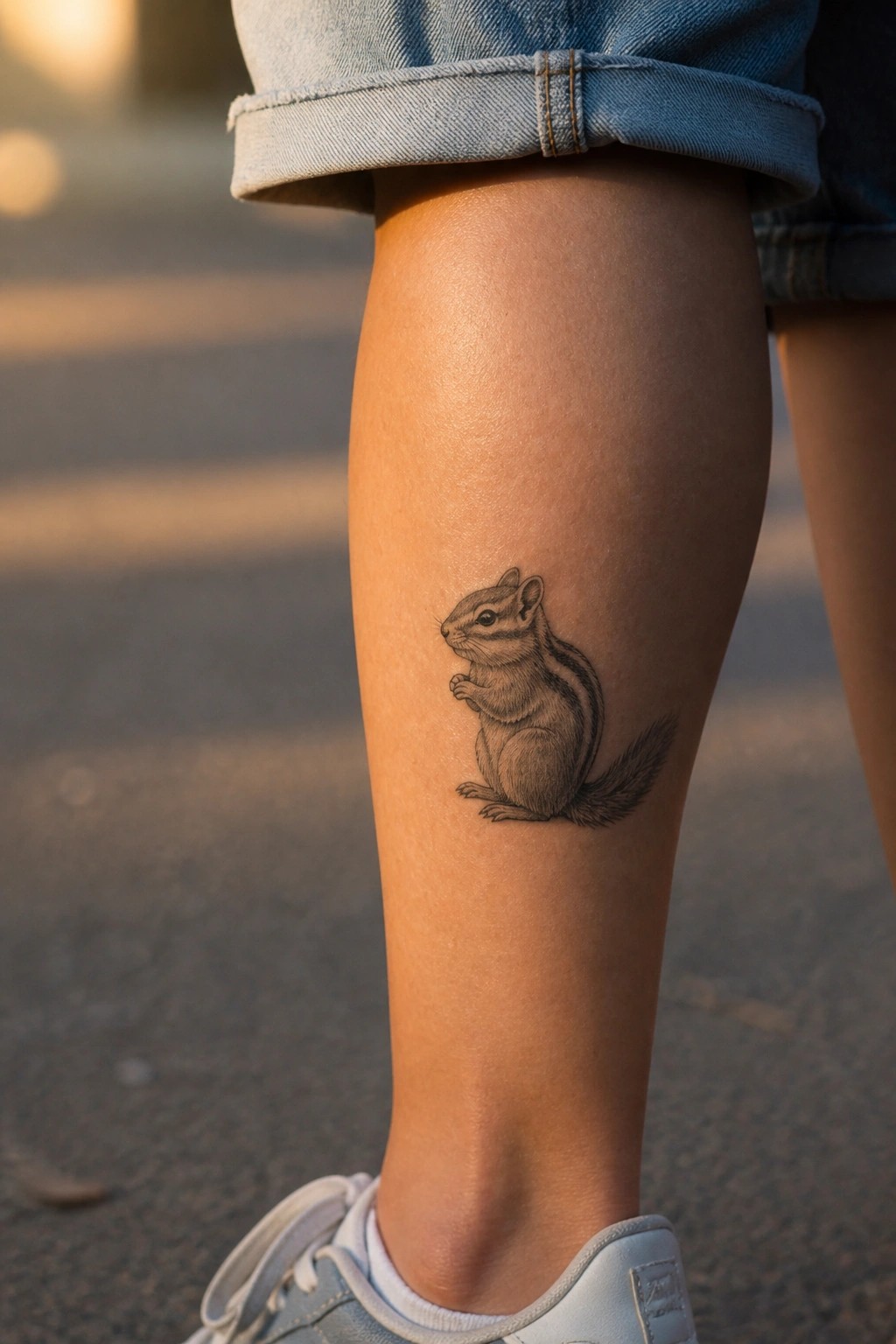 Realistic black and grey chipmunk tattoo on the lower leg above the ankle, shown with rolled denim and sneakers.