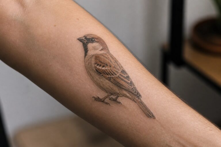 25 Realistic Small Animal Tattoos That Capture Every Fine Detail Realistic sparrow tattoo with brown feathers on light-skinned forearm