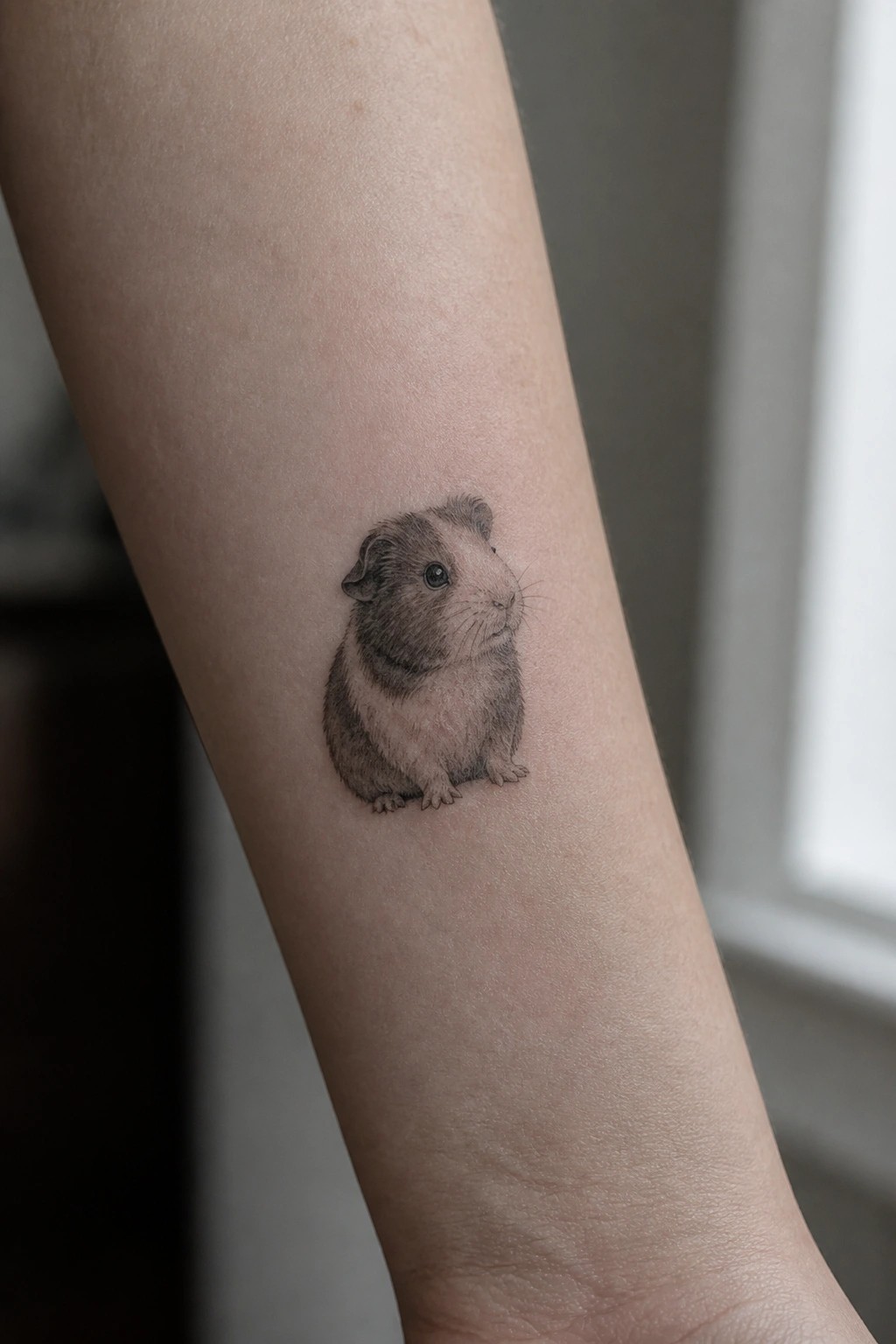Small realistic black and grey guinea pig tattoo on the inner forearm