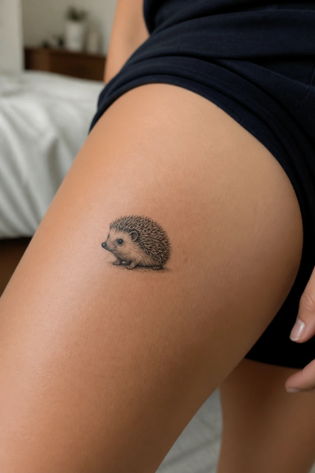 Small realistic hedgehog tattoo on thigh beneath dark blue shorts