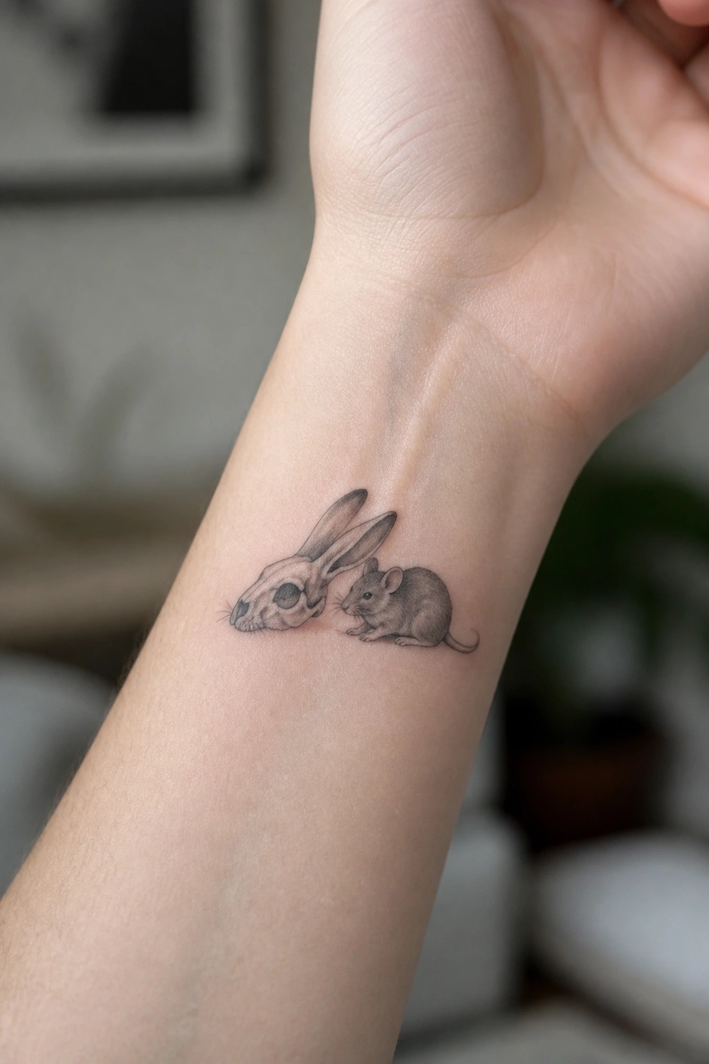 Small black and grey realistic tattoo on the inner wrist showing a rabbit skull next to a living mouse.