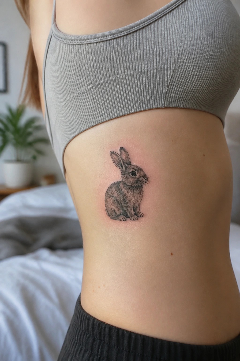 Realistic rabbit tattoo on side torso below gray ribbed crop top