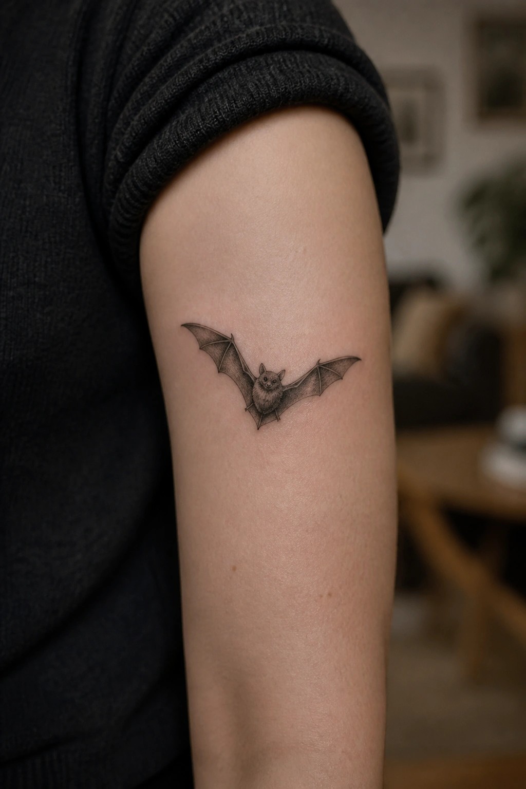 Black bat tattoo with spread wings on upper arm below dark sleeve