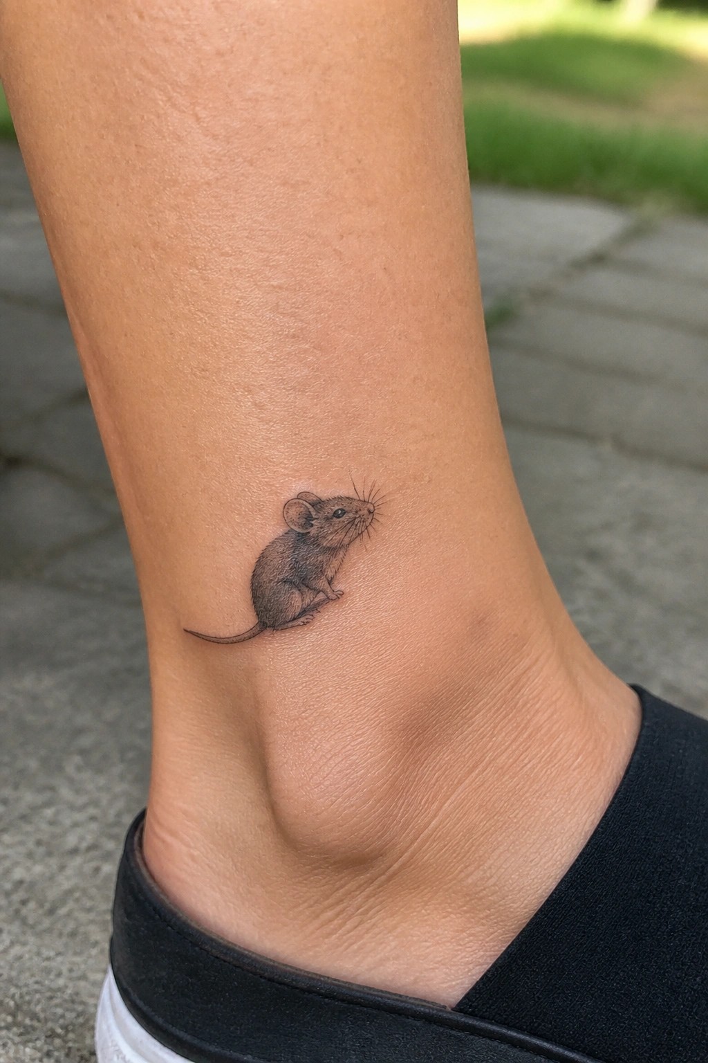 Small realistic mouse tattoo on the ankle with fine line details and shading.