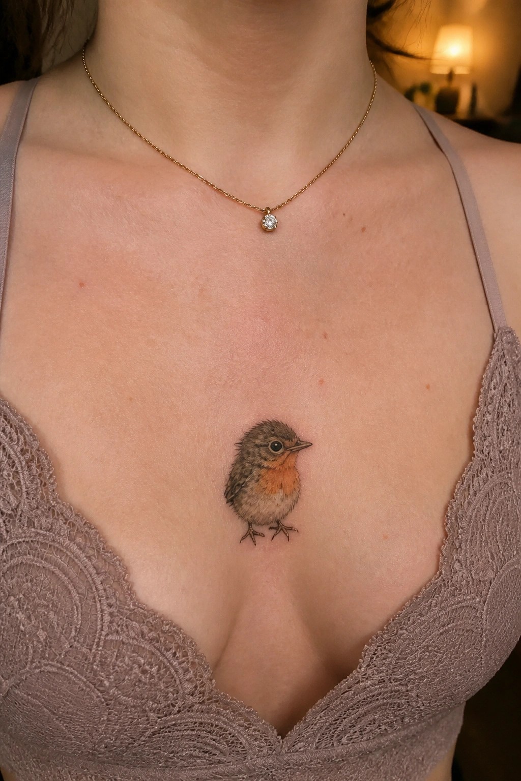 Small robin tattoo on chest below gold diamond necklace and lace bra