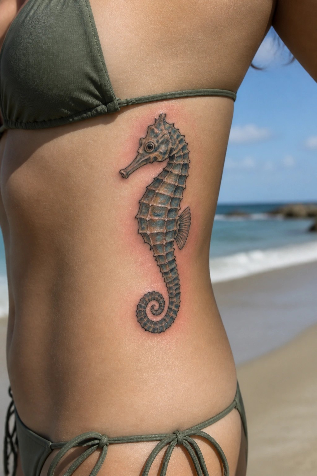 Realistic seahorse tattoo on the side torso showing detailed scales and curved tail on skin near a beach.