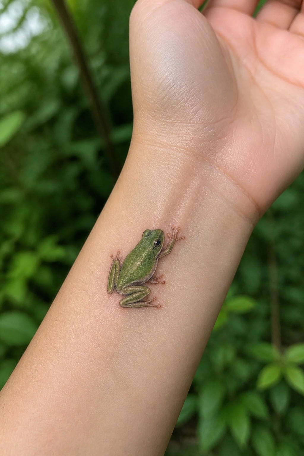 Green frog tattoo on light-skinned wrist with blurred green foliage behind.