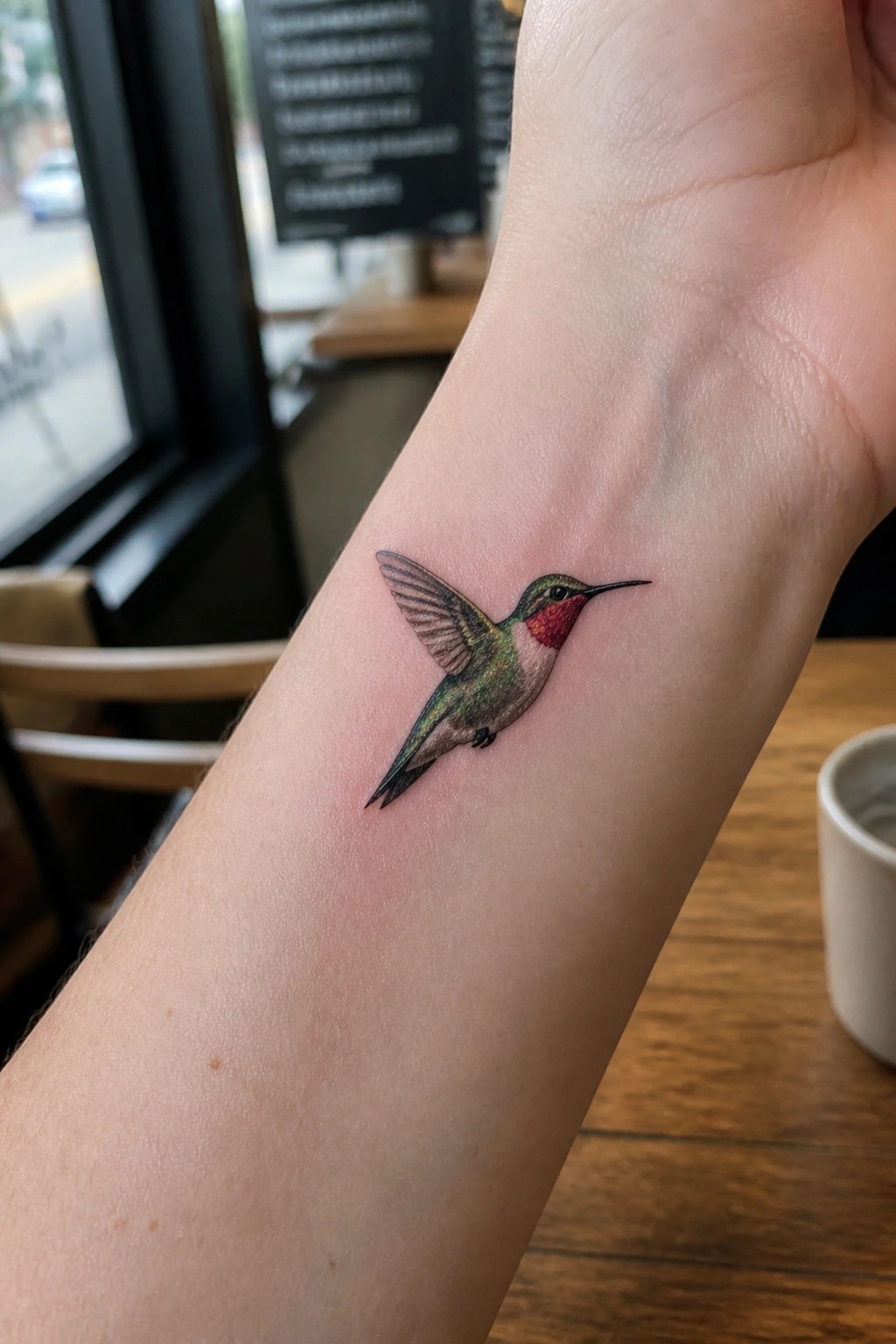 A small realistic hummingbird tattoo with green body and red throat details placed on the inner wrist.
