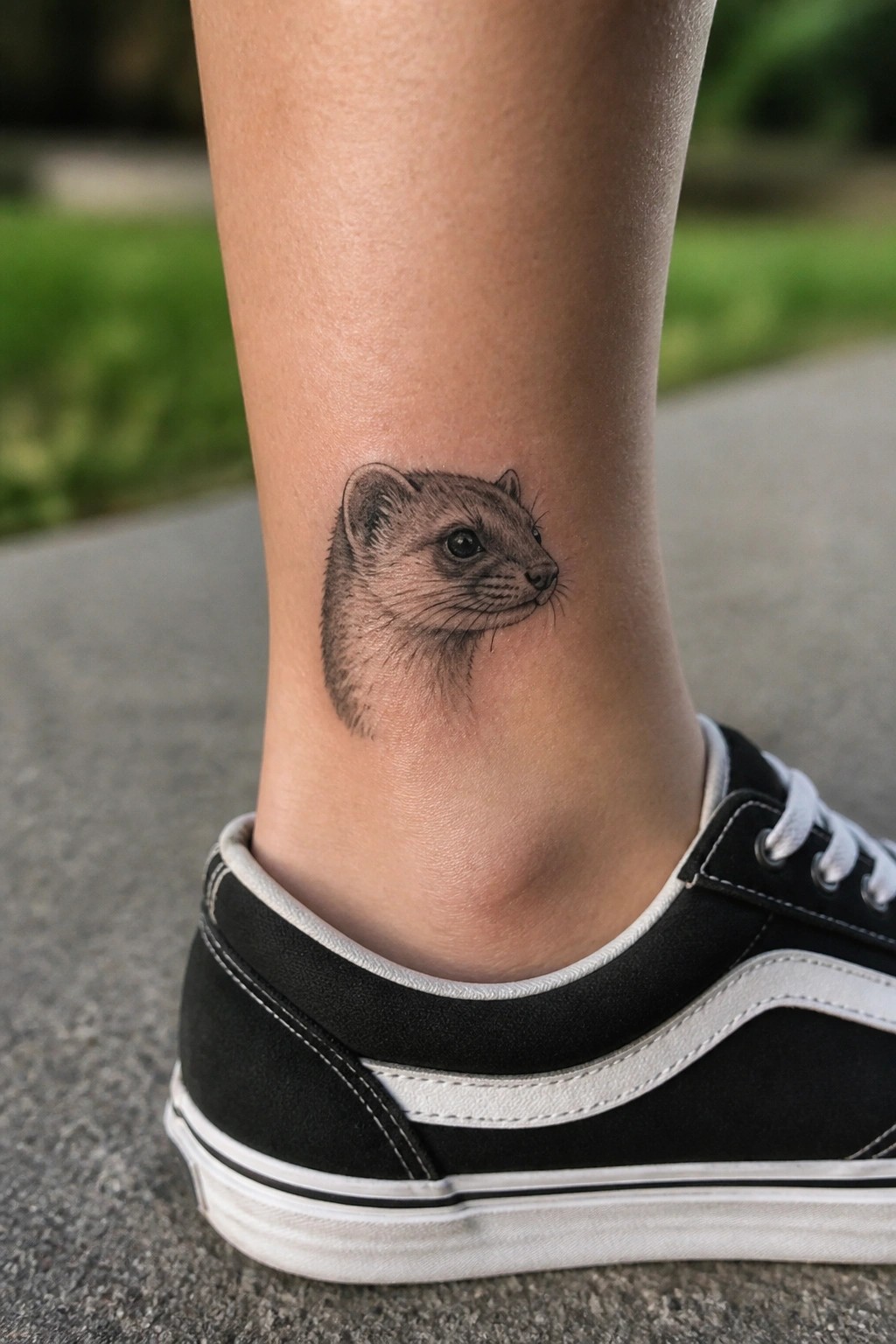 Small realistic mongoose head tattoo on the ankle above a black sneaker