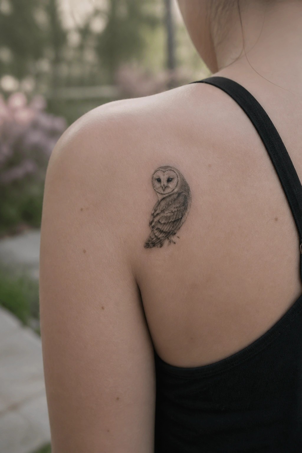 Small realistic owl tattoo on shoulder beside black tank top strap