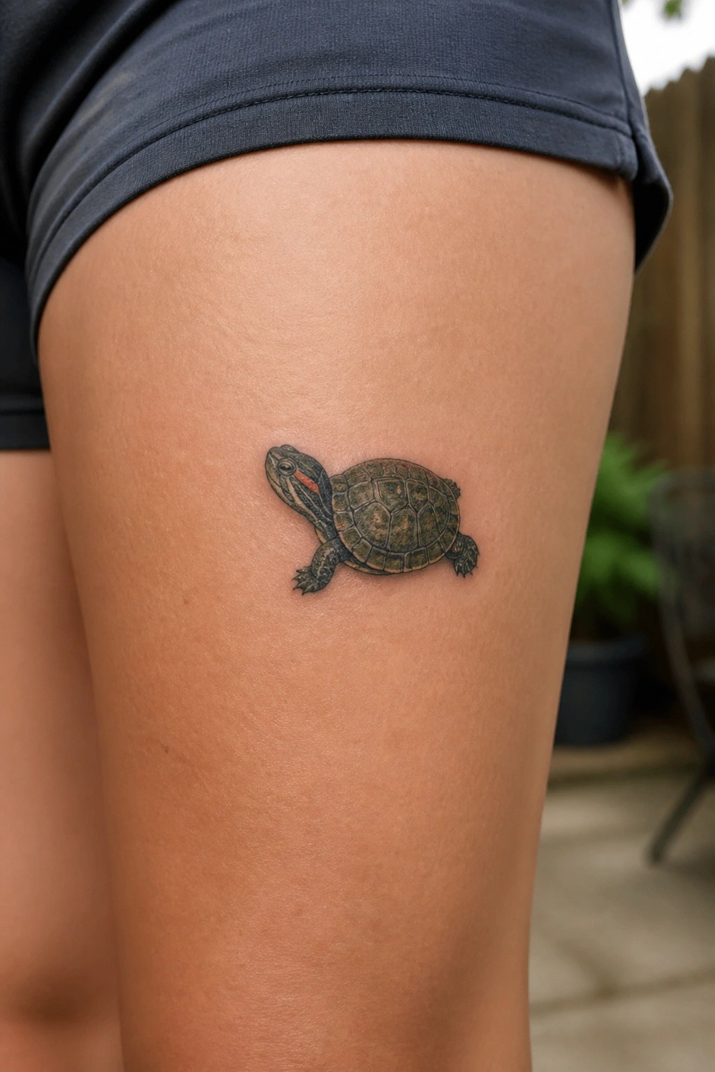 Realistic turtle tattoo on thigh with dark blue shorts and blurred background
