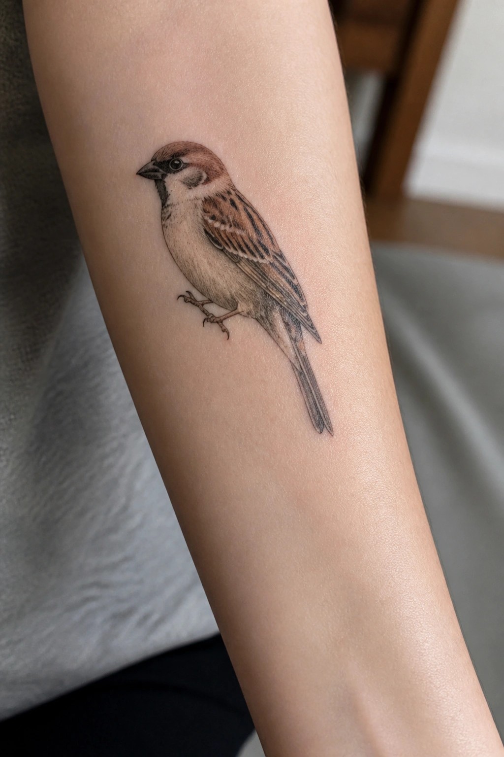 Realistic sparrow tattoo with brown feathers on light-skinned forearm