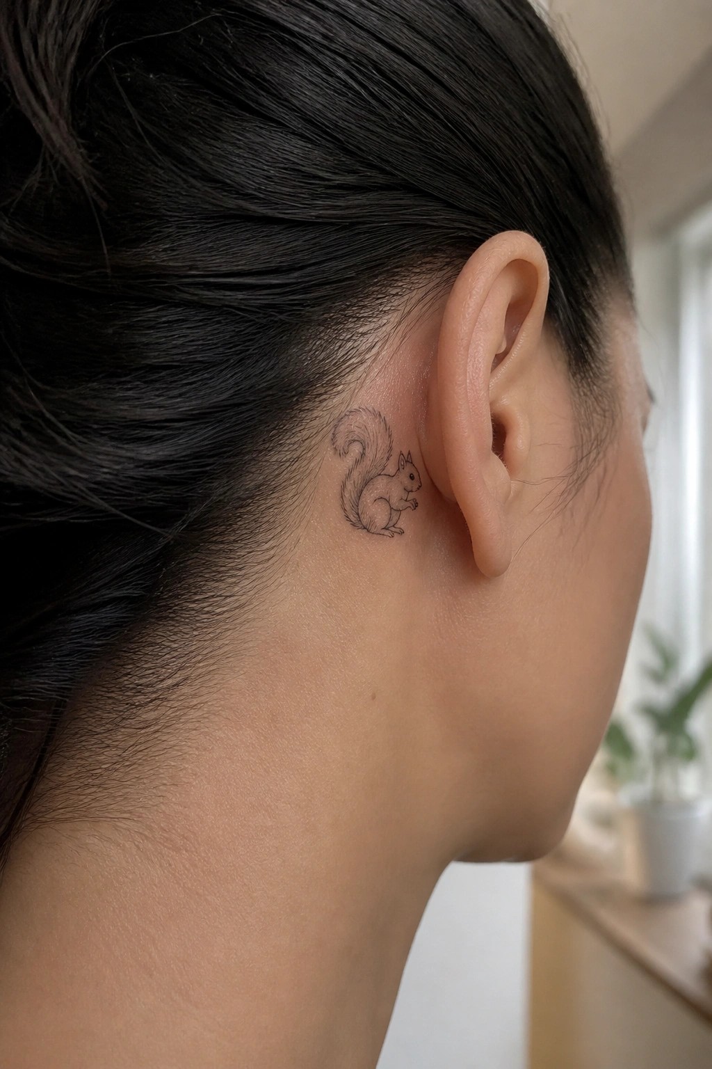 Small black ink squirrel tattoo placed directly behind the ear on the side of the head