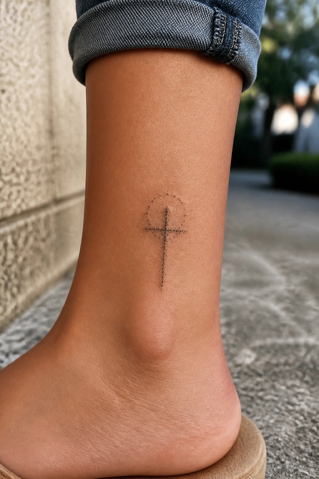 Small dotwork cross tattoo on the ankle with a dotted circle around the upper section