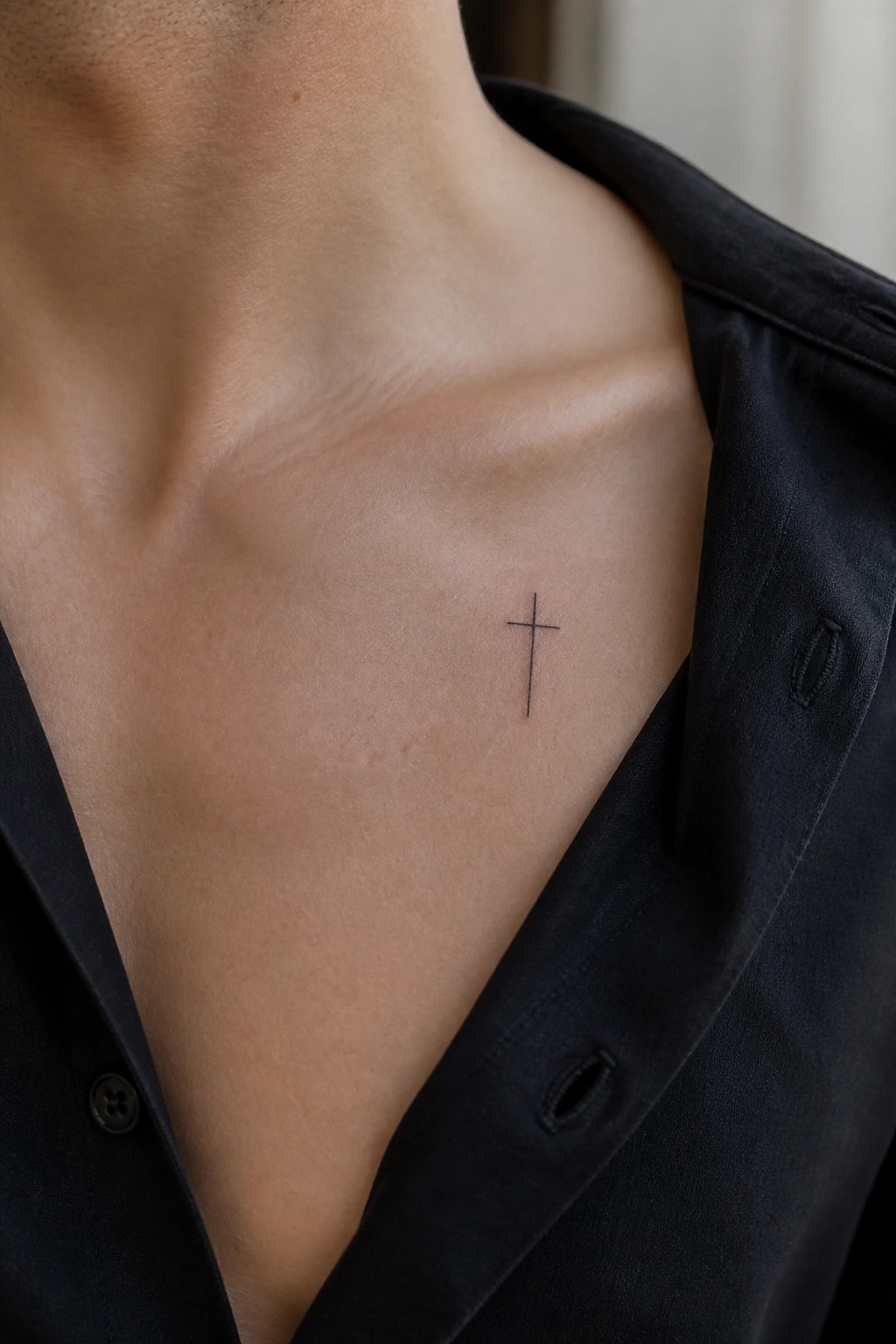 Small black cross tattoo on chest beneath open black button-up shirt.