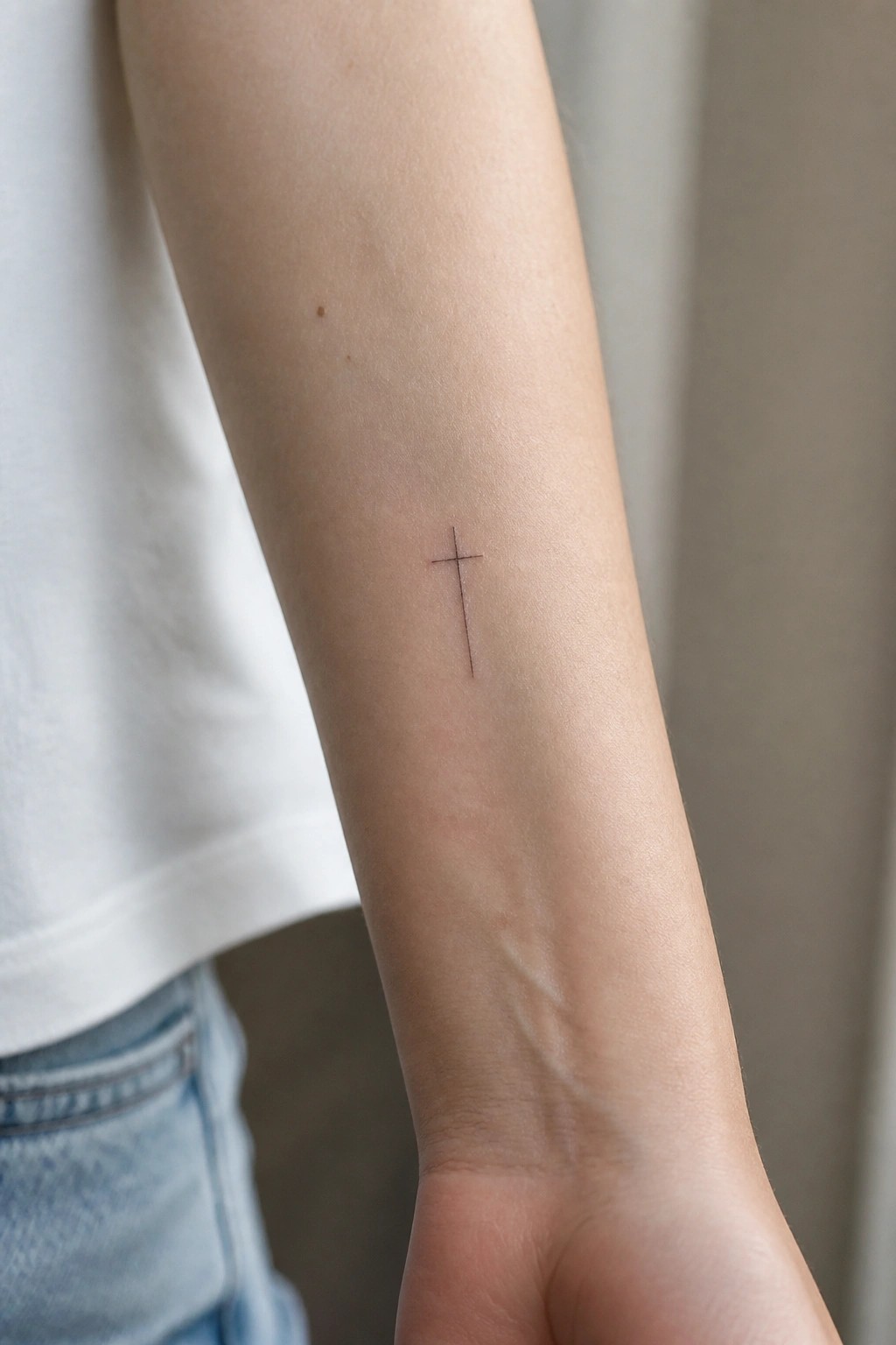 Small thin line cross tattoo on the inner forearm of a person wearing a white shirt and jeans