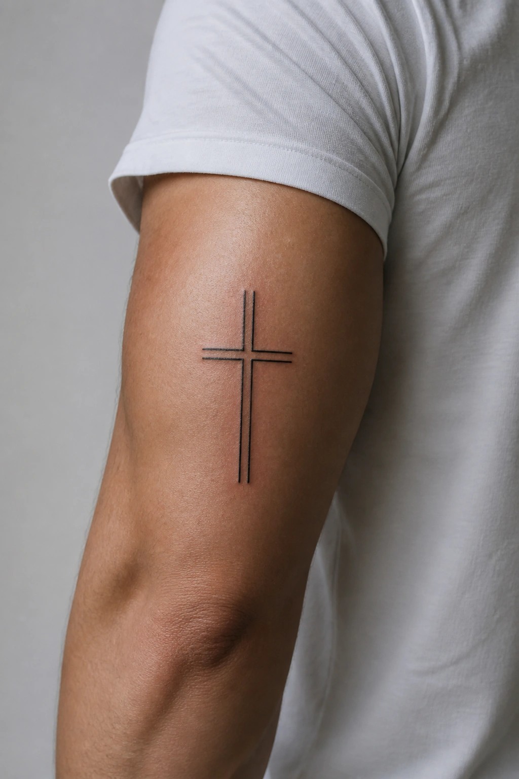 Black outlined cross tattoo on upper arm below white t-shirt sleeve
