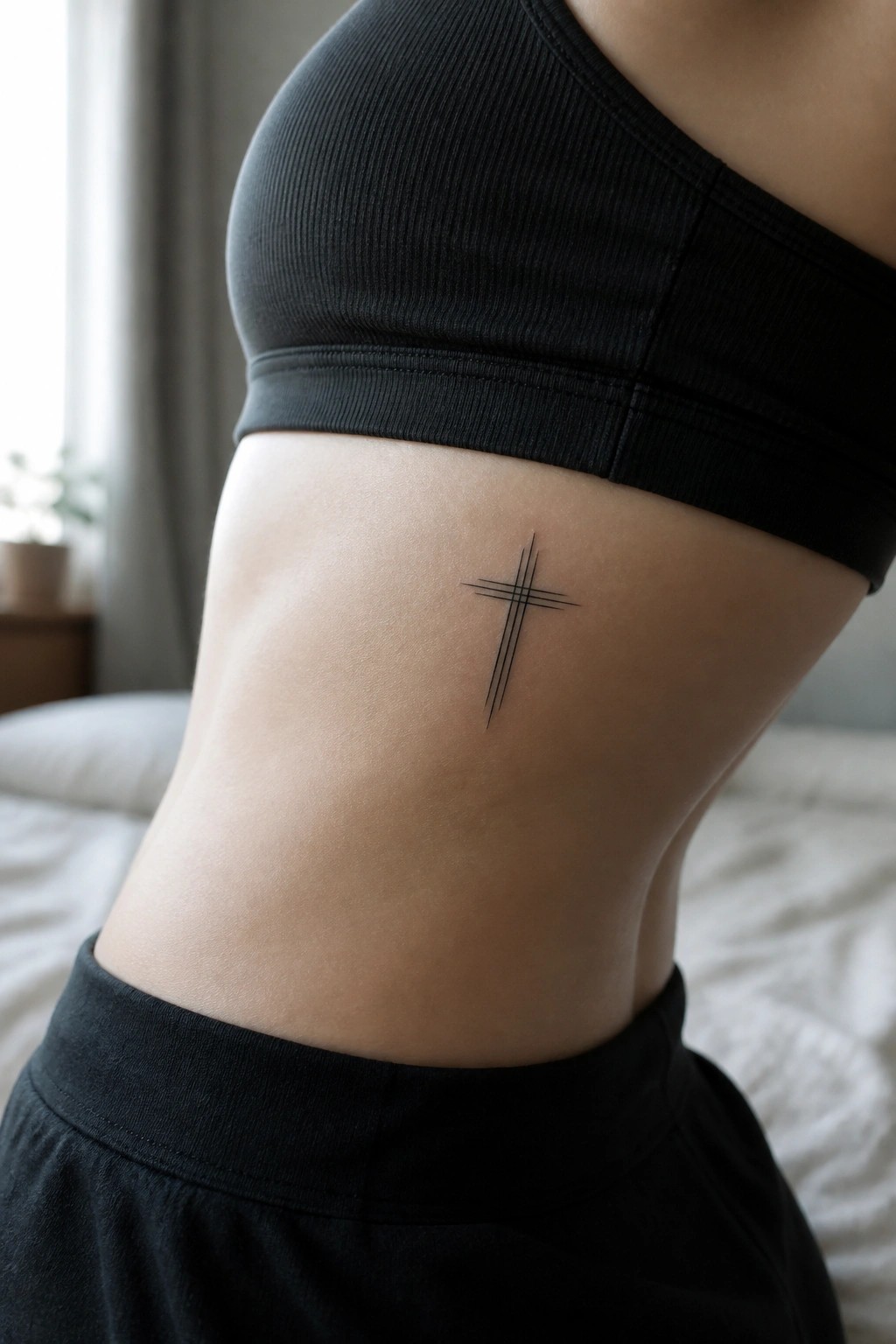 Minimalist black line cross tattoo on the side of a torso below a black sports bra