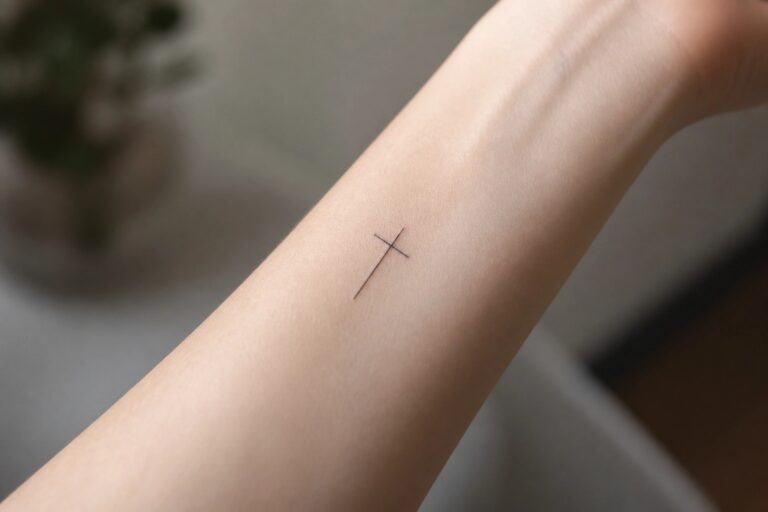 25 Simple Cross Tattoos That Blend Faith Into Clean Modern Design Small thin line cross tattoo on the inner forearm of a person wearing a white shirt and jeans