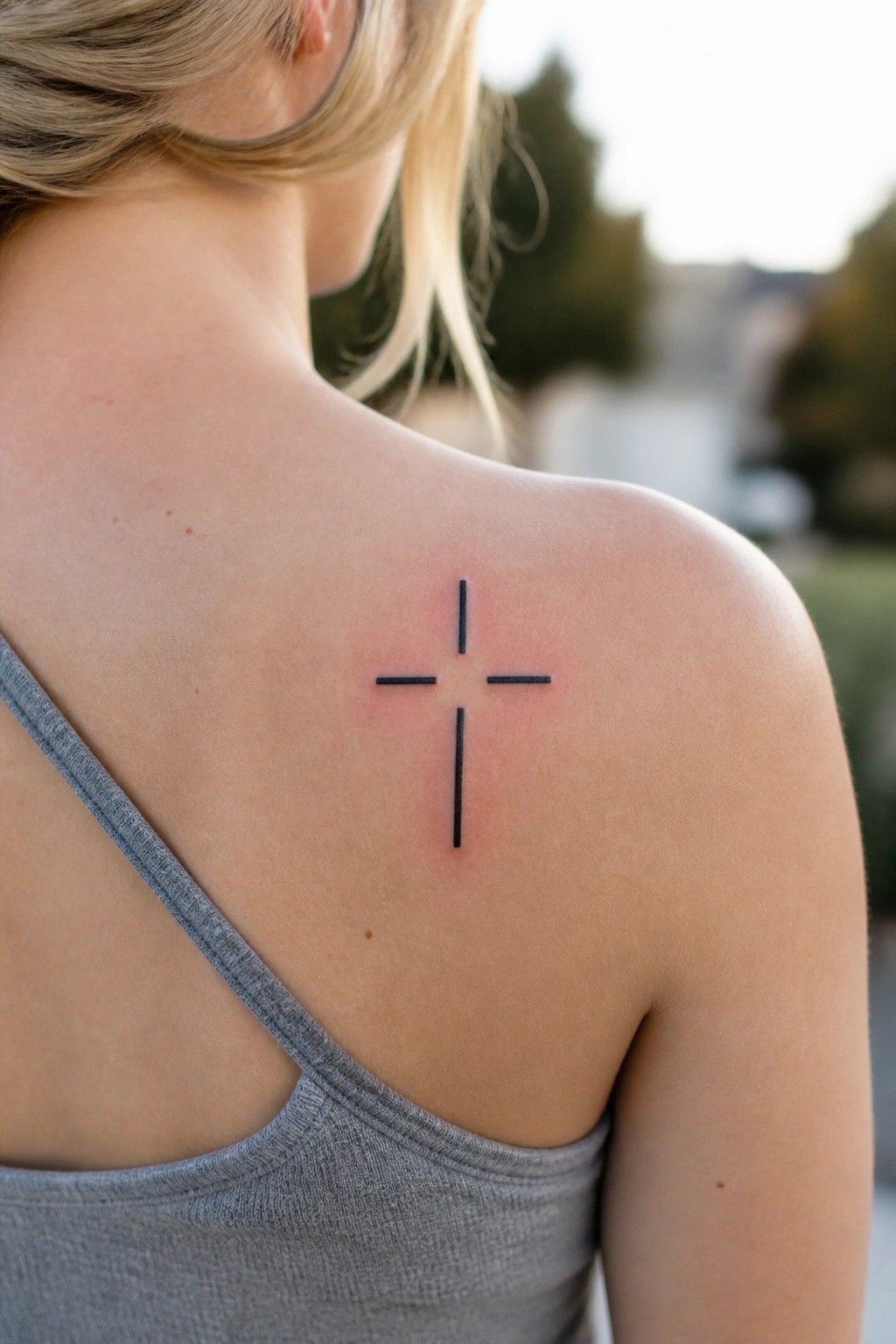 Blonde woman in gray tank top with fresh black cross tattoo on reddened shoulder.