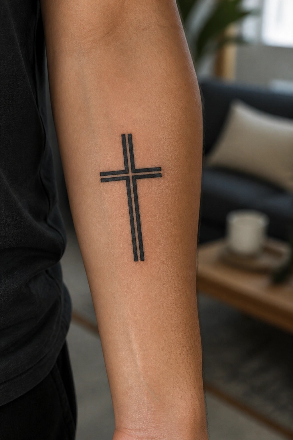 Arm in black shirt with geometric black cross tattoo on forearm