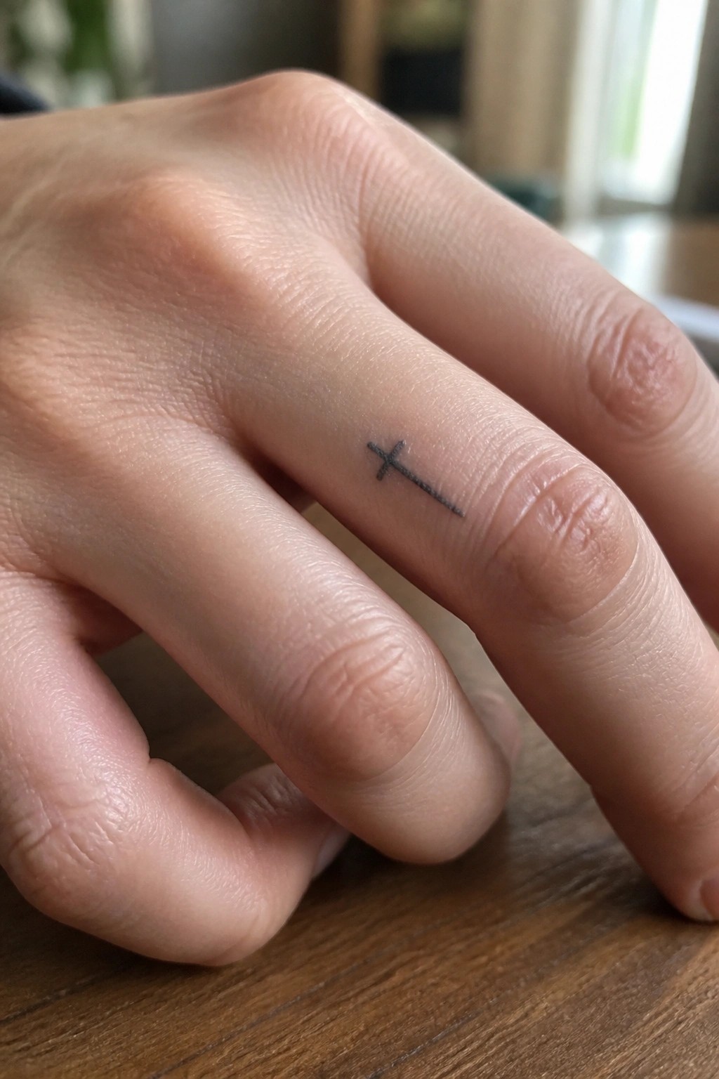 Hand with small black cross tattoo on ring finger resting on wood