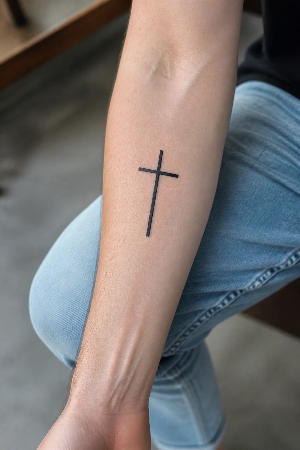 Black cross tattoo on forearm above light blue denim jeans