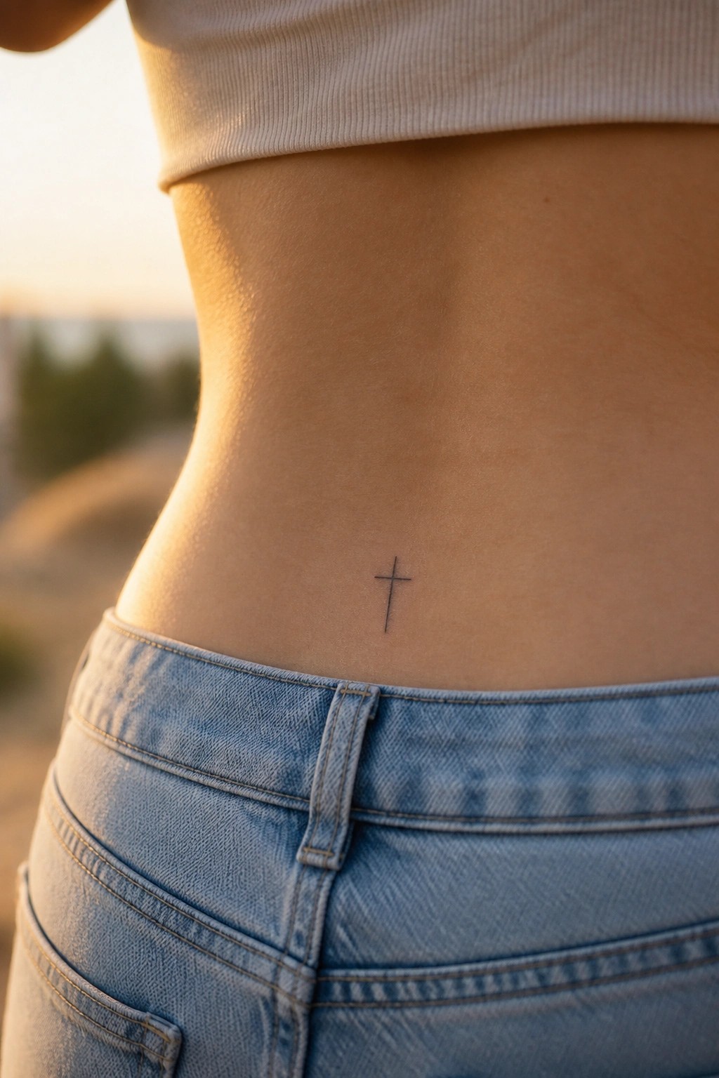 Small fine line cross tattoo placed on the lower back above blue jeans waistband