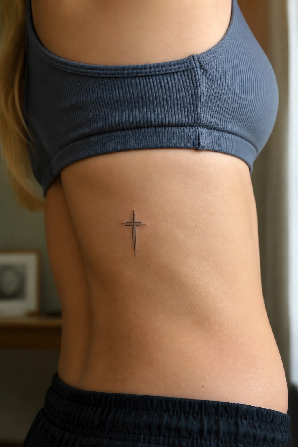 Small minimalist cross tattoo on the ribcage below a blue sports bra