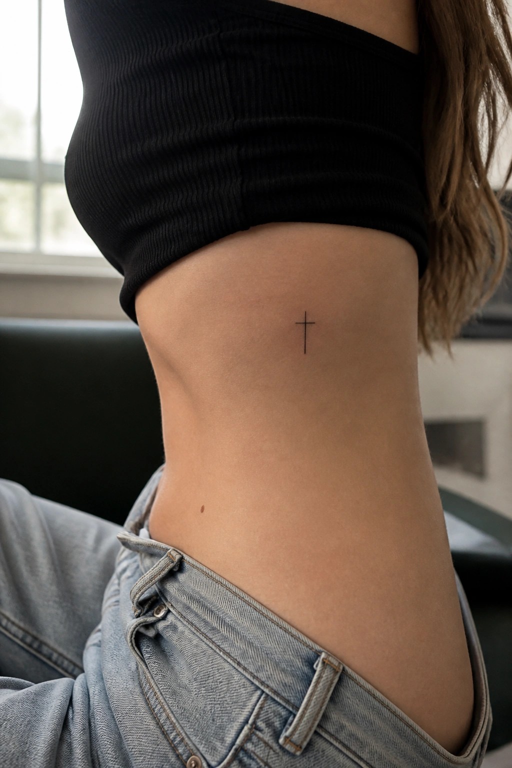 Tiny black cross tattoo on hip above low-rise blue jeans and black top