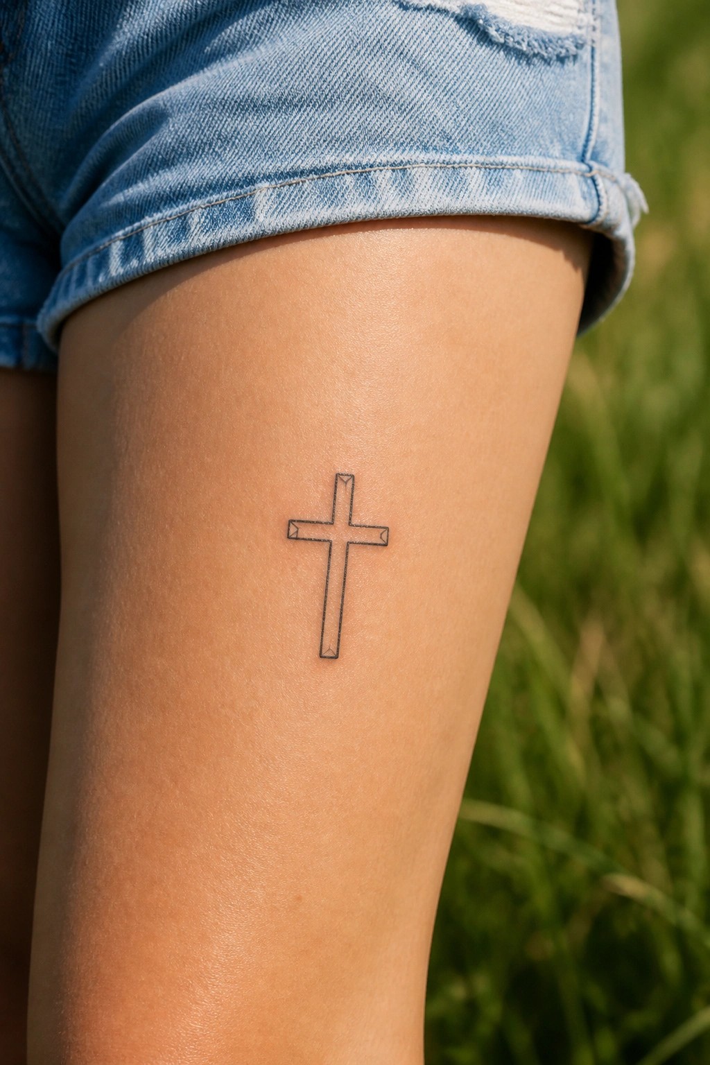 Small cross tattoo on thigh below frayed light blue denim shorts in grass
