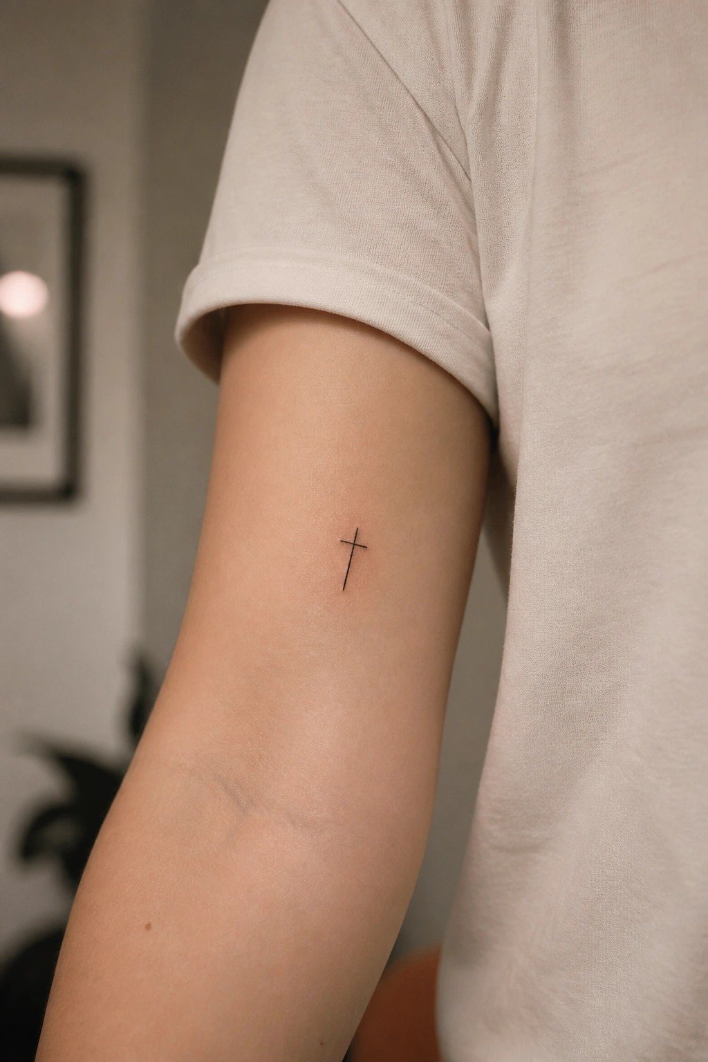 Small black cross tattoo on upper arm of person in white t-shirt