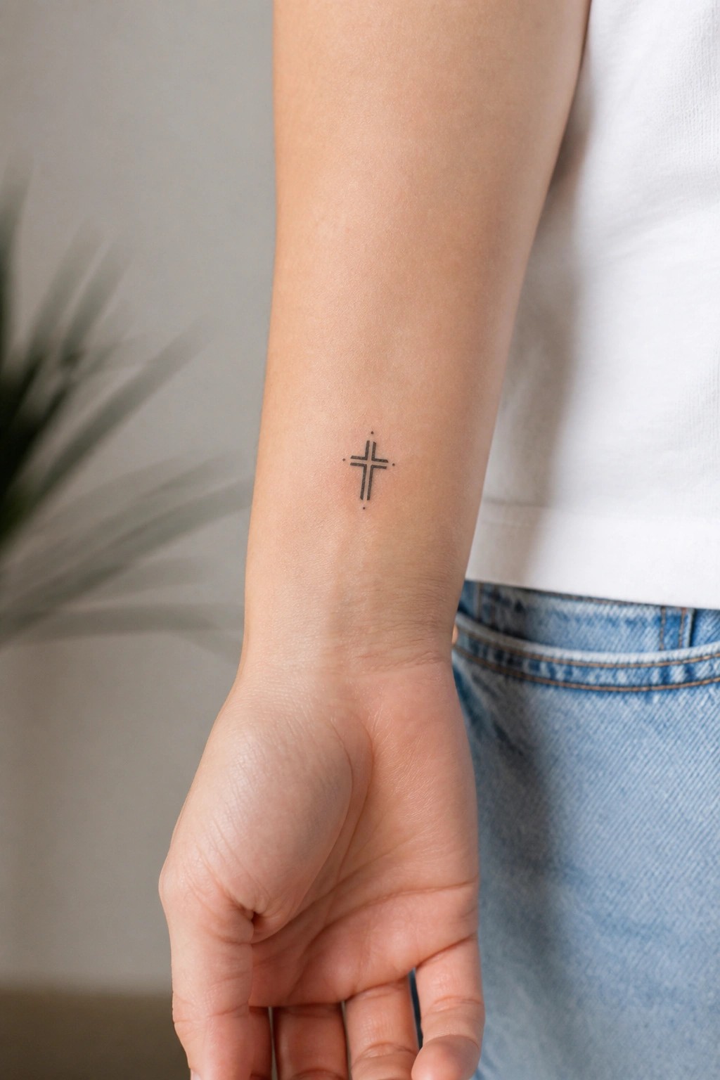 Minimalist thin line cross tattoo on the inner wrist of a light skinned arm in a white shirt and jeans.