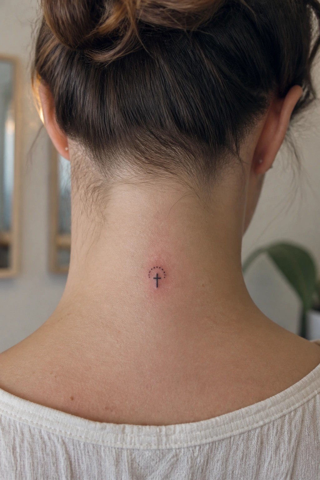 Small black cross tattoo with dotted arc placed on the nape of the neck