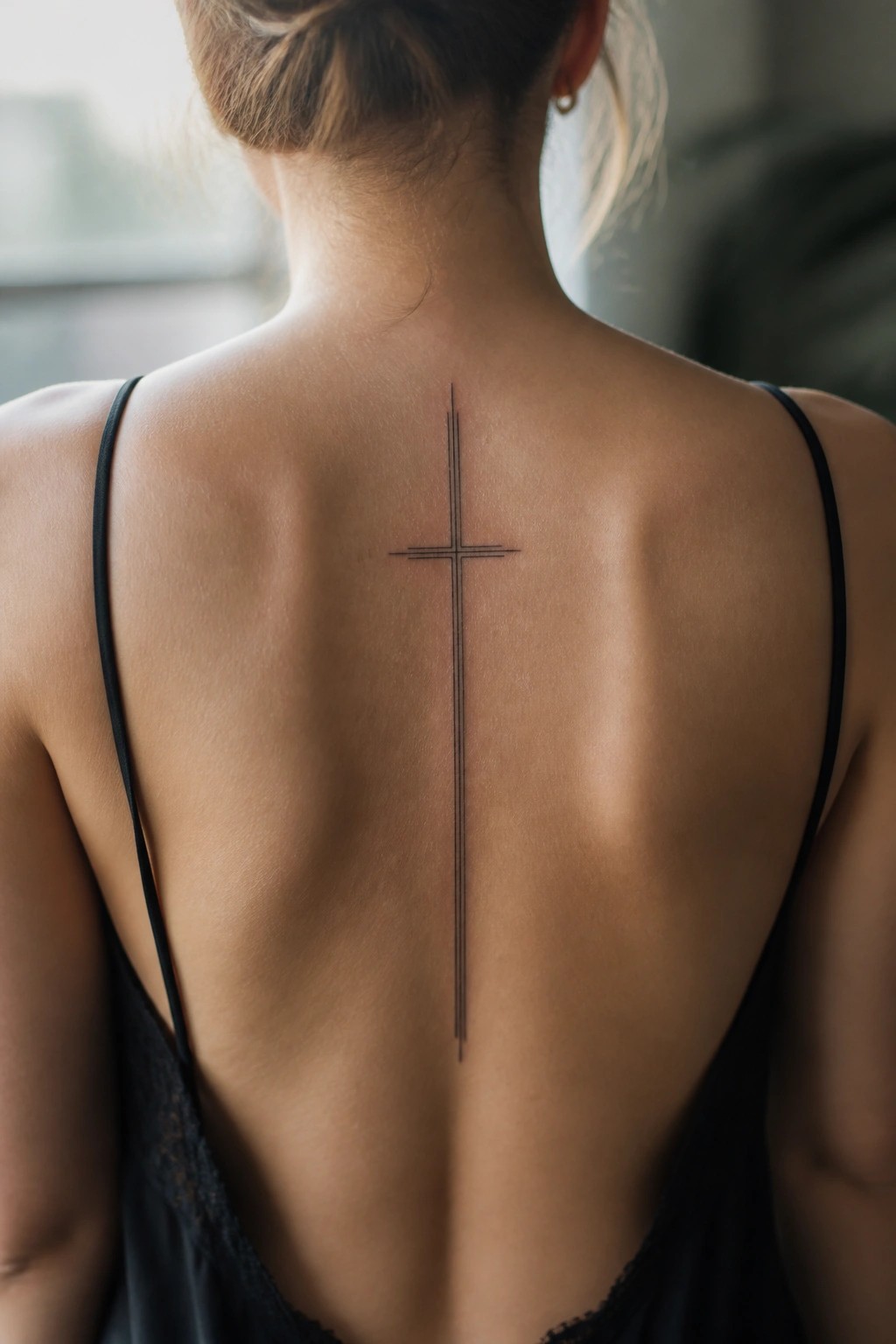 Woman's back with long thin black cross tattoo and black straps