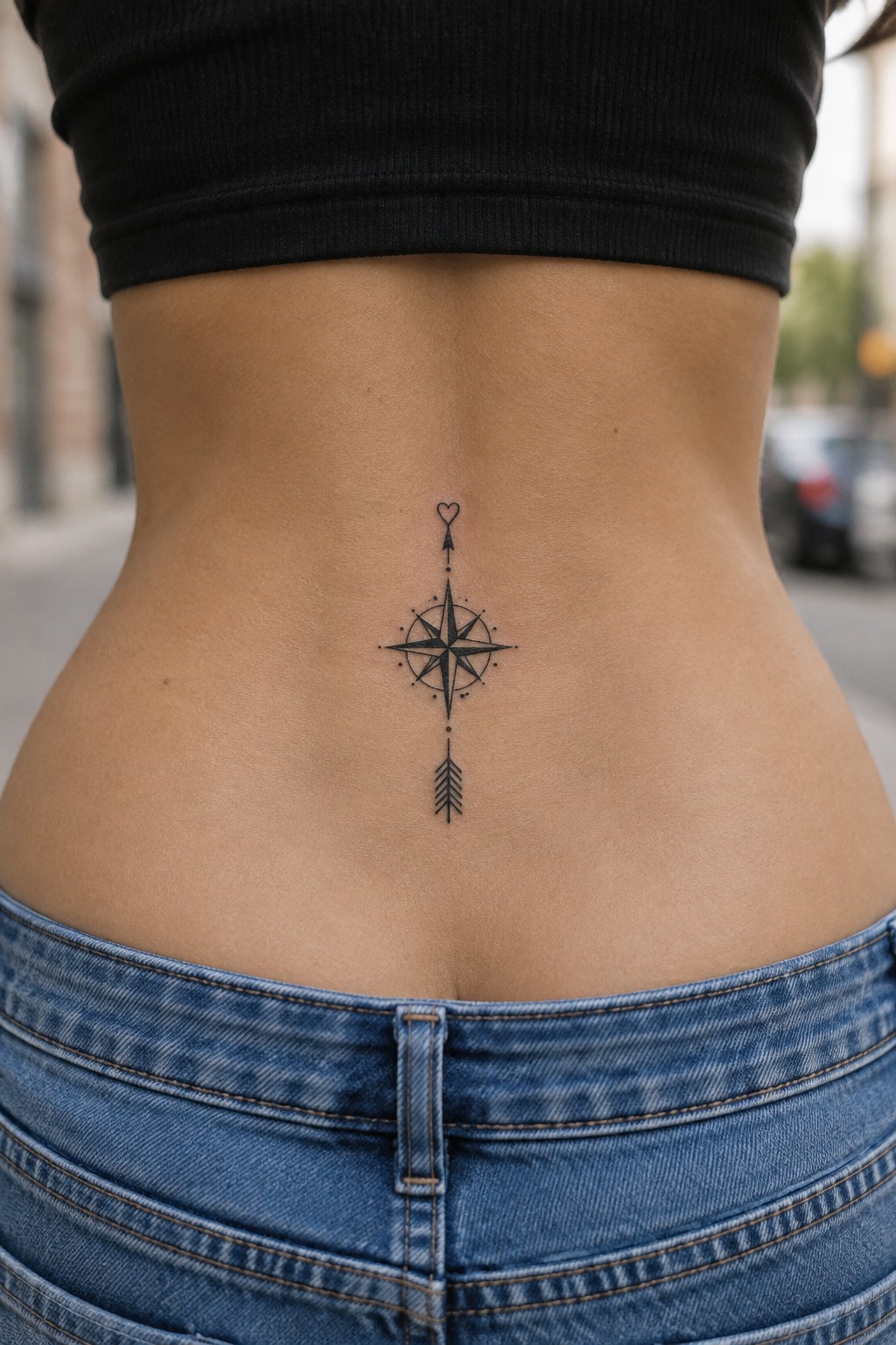Fine line compass rose tattoo centered on a woman's lower back above the waistband of blue jeans.