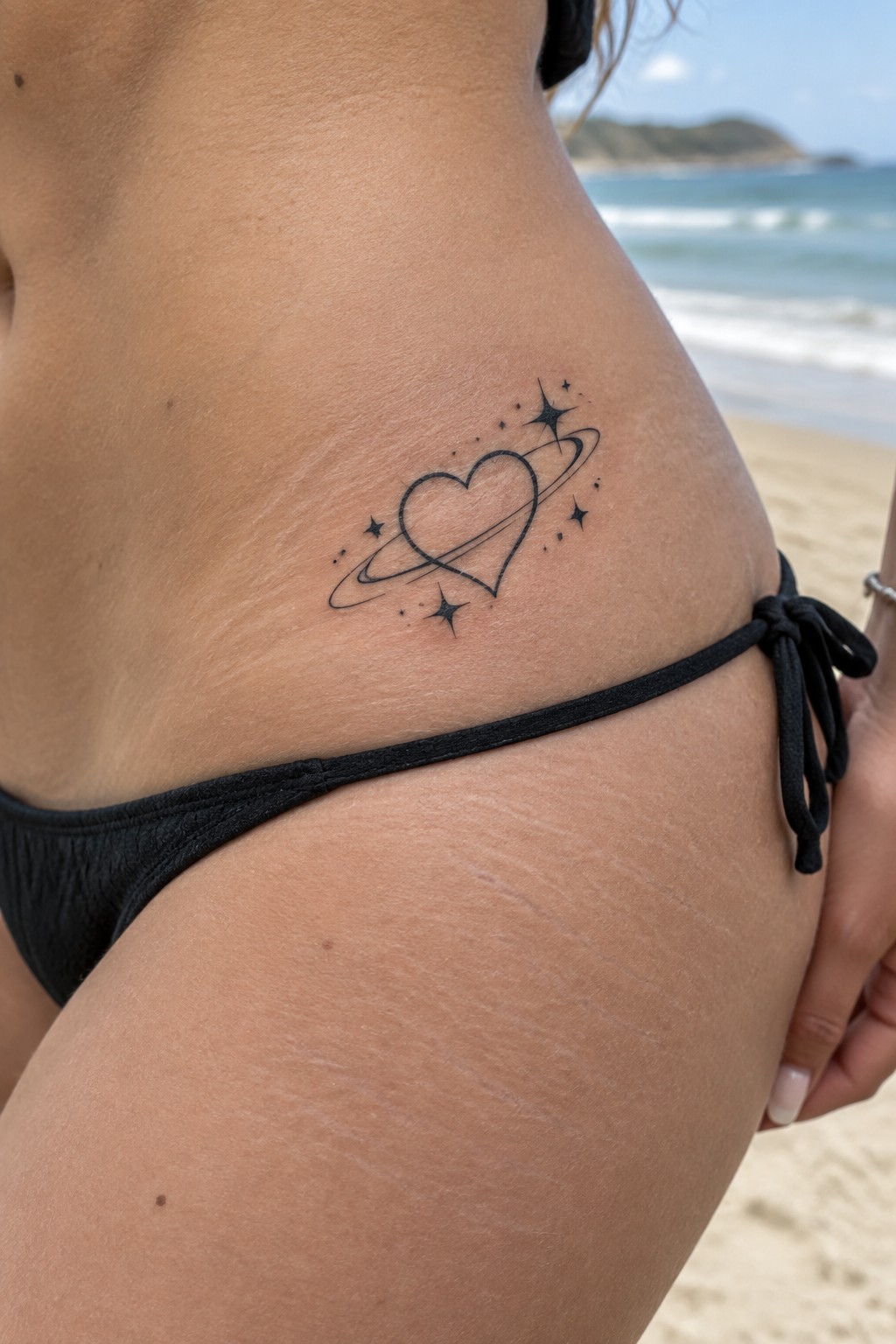 Heart planet tattoo with stars on hip above black bikini bottoms on beach