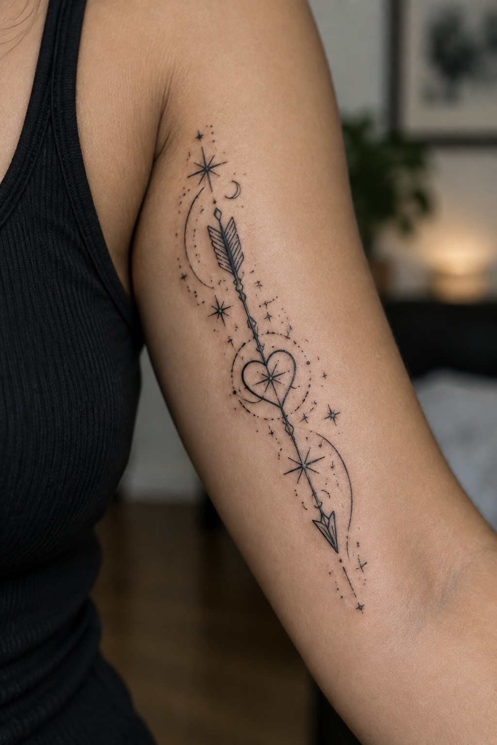 Arm in black tank top with arrow heart tattoo amid stars and crescent moons