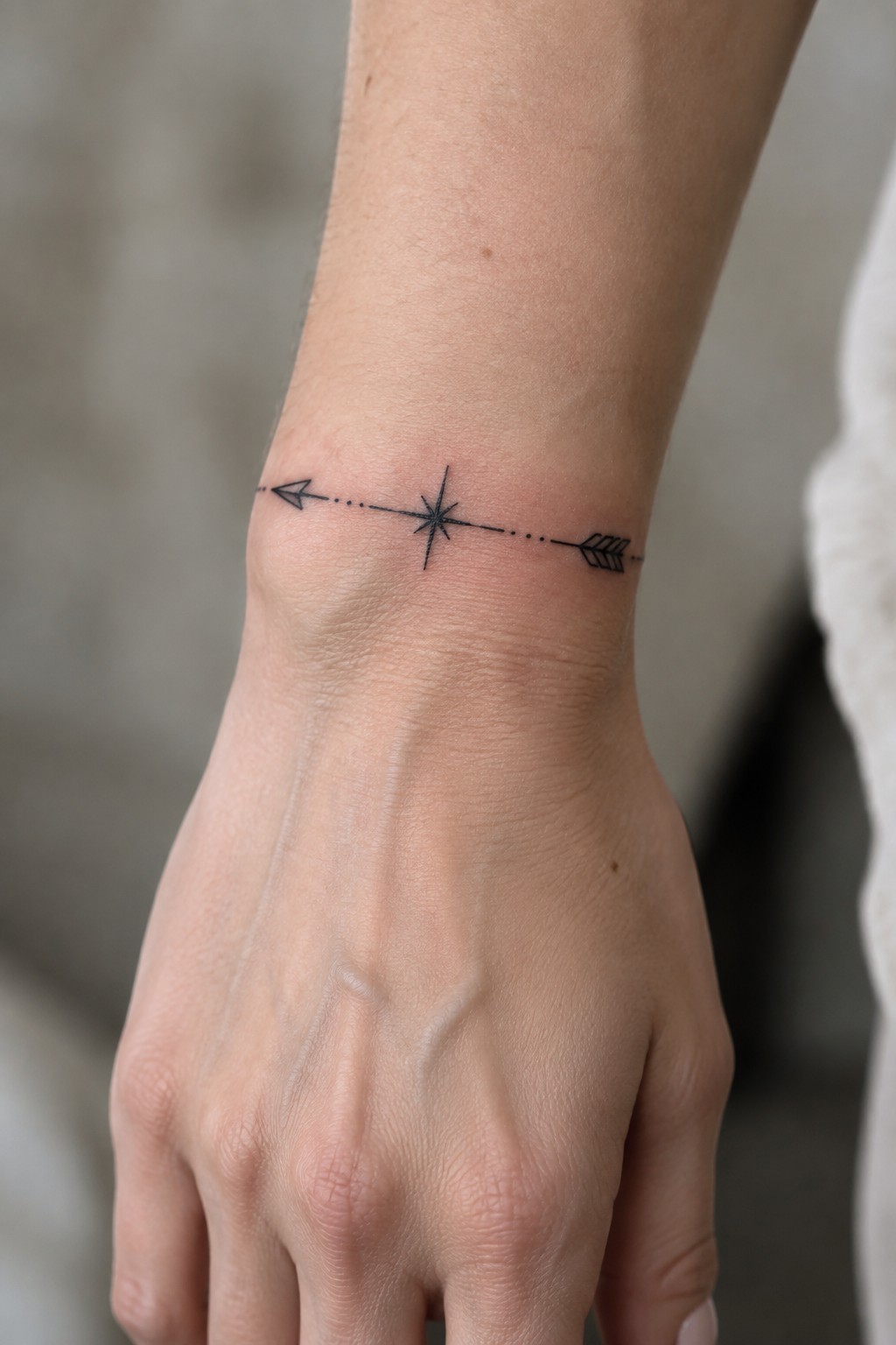 Wrist closeup with black arrow line tattoo featuring central star and dotted accents