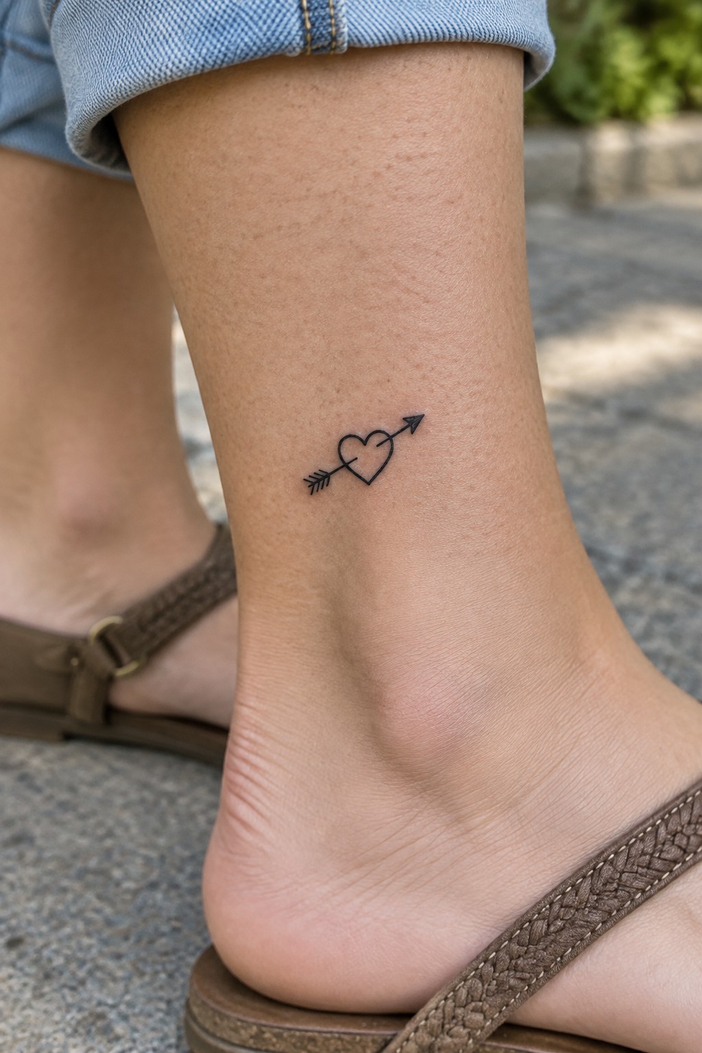 Fine line heart and arrow tattoo on the ankle