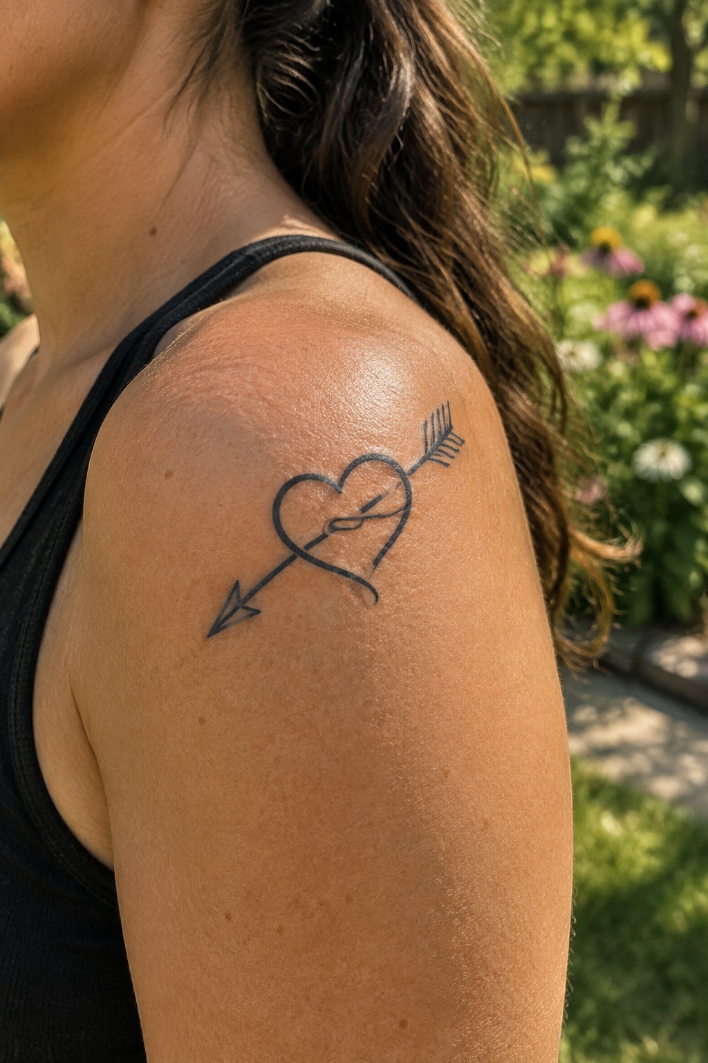 Woman's shoulder with black heart-arrow infinity tattoo above black tank top in garden