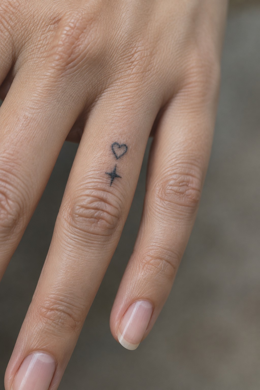 Hand's ring finger with small heart above four-pointed star tattoo