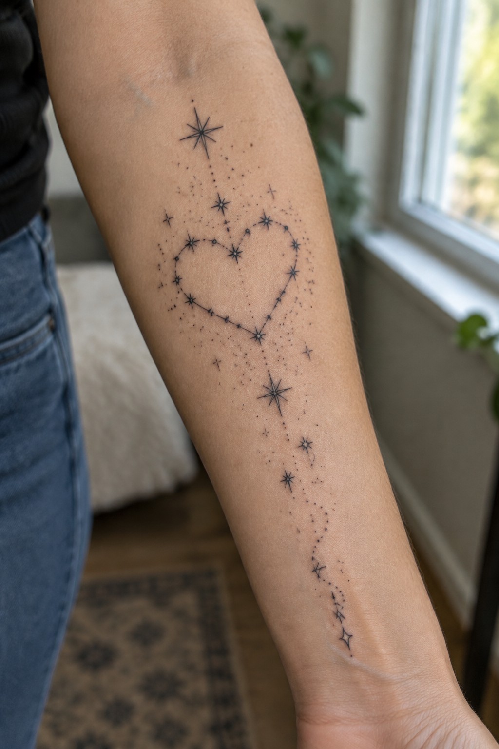 Forearm with heart-shaped star constellation tattoo, wearing blue jeans and black shirt.