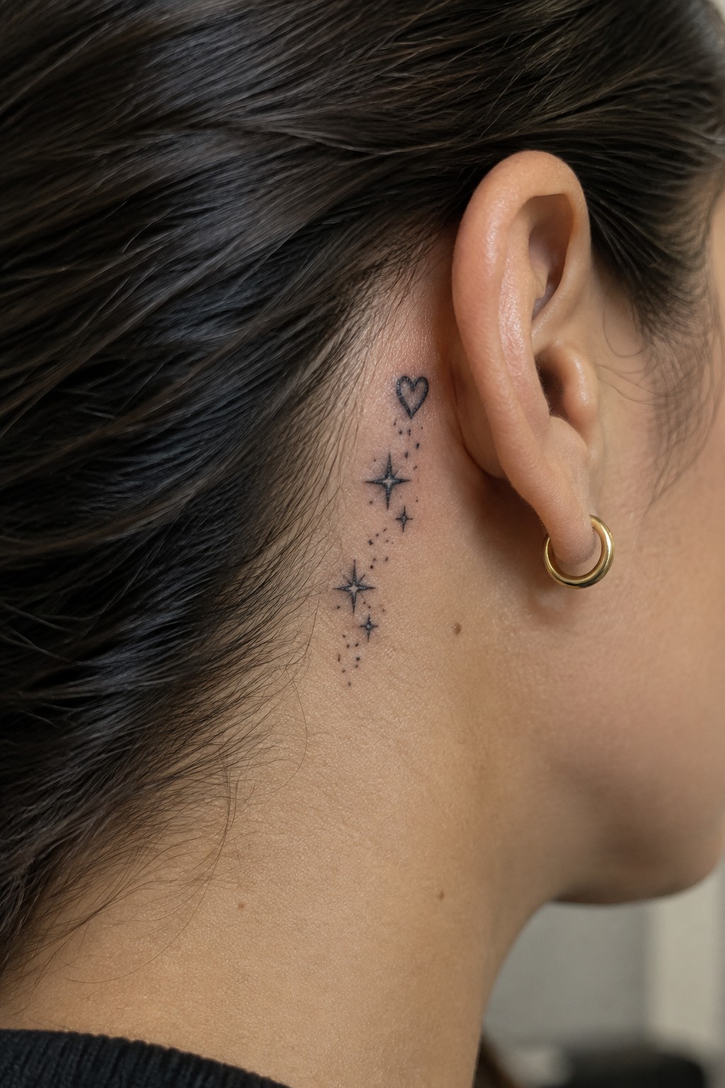 Dark hair, gold hoop earring, black heart and stars tattoo behind ear