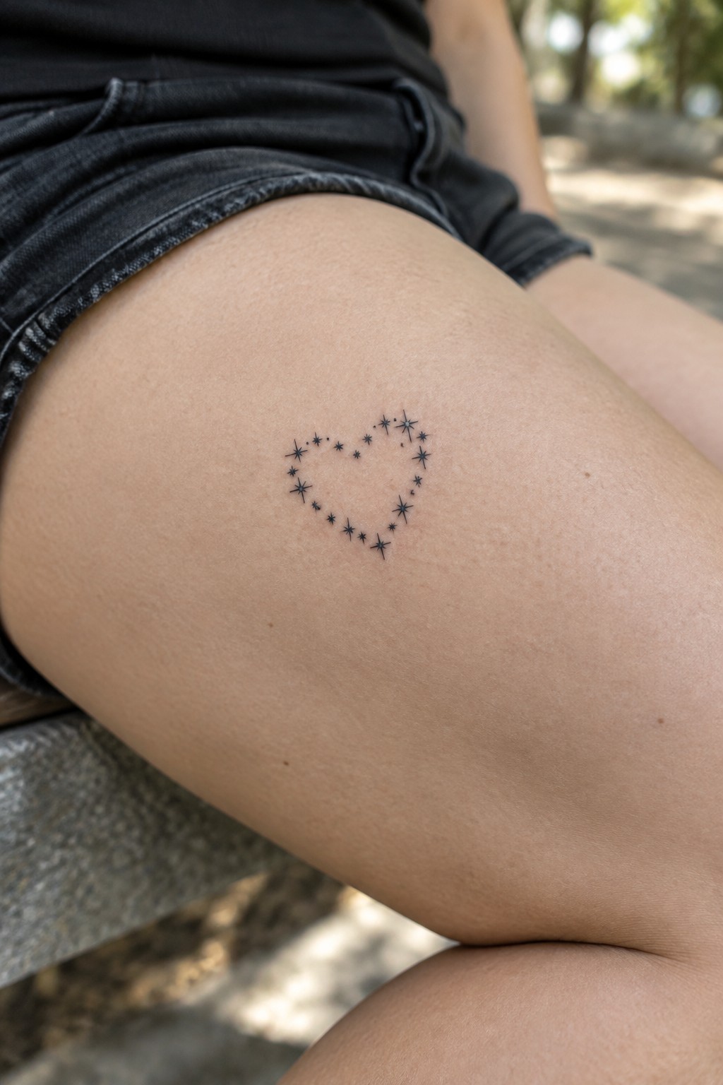 Small fine line tattoo of a heart formed by stars on a thigh